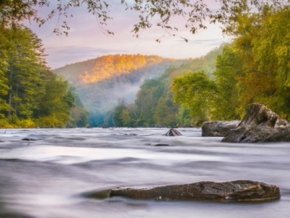View of river with rocks and trees and mountains in the background (Instagram@janehaslamphotography_nature)